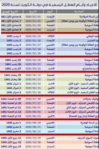 الاجازات الرسمية في الكويت 2020