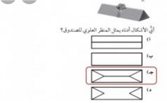 الإجابة الصحيحة: استقبلت العنود هدية في صندوق كما في الشكل أدناه ، فأي الأشكال الآتية يبين المنظر العلوي للصندوق ؟